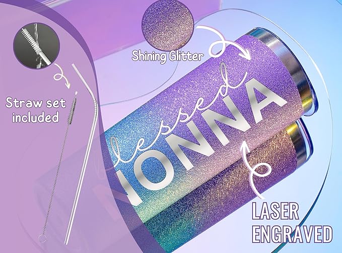 Onebttl Christian Grandma Gifts for Mother's Day, 20oz Purple & Blue Glitter Skinny Tumbler, Straw & Lid Included, Nonna Gifts - Blessed Nonna