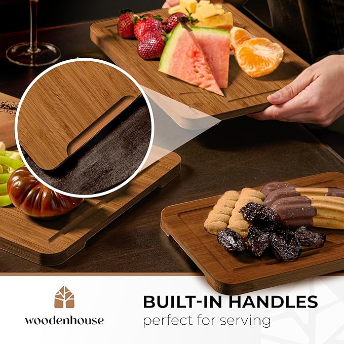 Bamboo Cutting Board Set of 3 with Holder – Durable Wooden Boards for Kitchen, Chopping & Serving – Eco-Friendly by Woodenhouse