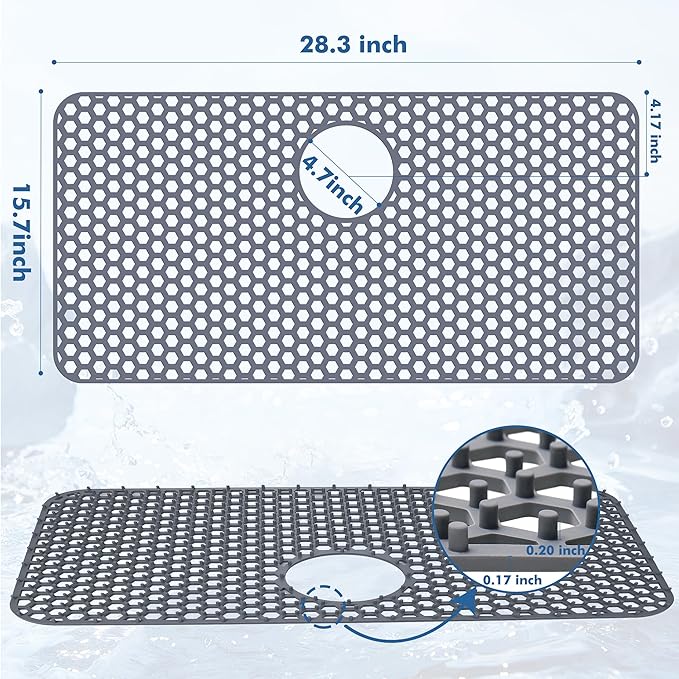 Silicone Sink Protectors for Kitchen Sink - 28.3"x 15.7" Kitchen Protector Accessory, Non-Slip Heat Resistan Mat for Bottom of Farmhouse Stainless Steel Porcelain (Rear Hole)