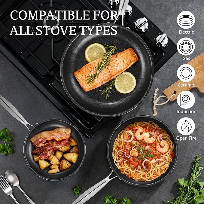 KITEXPERT Non Stick Frying Pans with Lid, 8" Titanium Ceramic Pan Nonstick Stainless Steel Skillet, PFAS PFOA & PTFE Free, Quick-Cool Handle, Dishwasher & Oven Safe, Compatible with All Cooktops