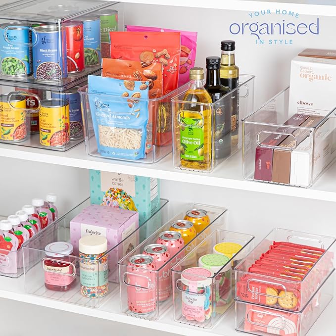primebox Plastic Food Storage Clear Container Bin with Handles for Organizing Kitchen, Pantry, Refrigerator, Freezer, Pantry, Cabinet, Closet, Bathroom. 16”x8”x5”