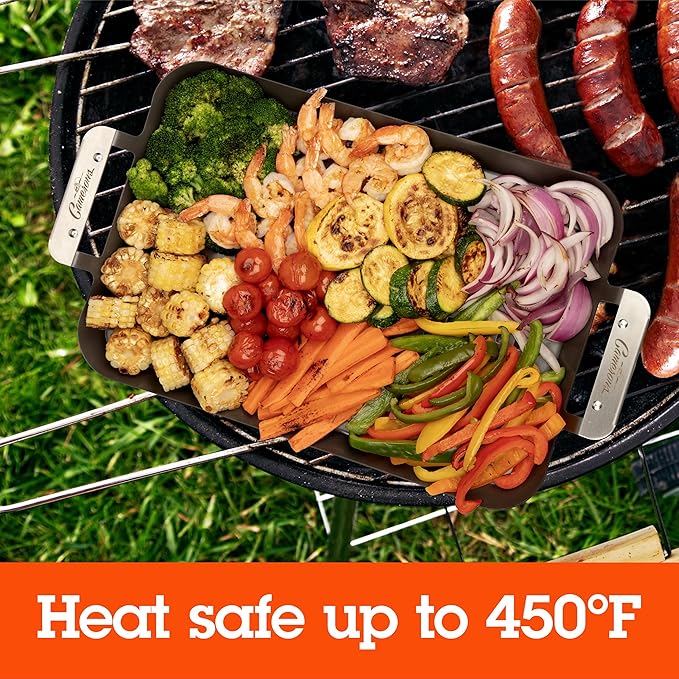 BBQ Grill Topper Grilling Pans (2 Pack)- Non-Stick Barbecue Trays w Stainless Steel Handles- Indoor Outdoor use for Meat, Vegetables & Seafood- Great for Thanksgiving Turkey Dinner & Holiday Xmas Gift