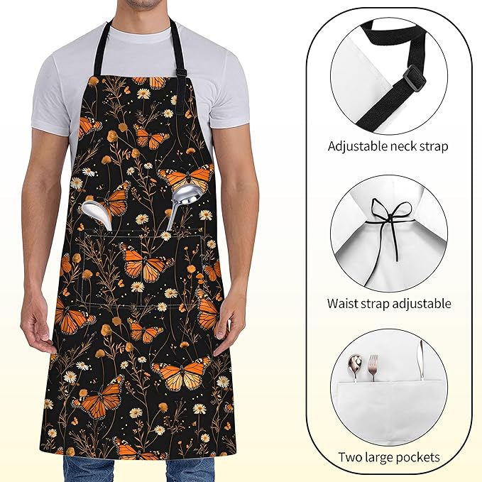 Cute Butterfly Apron for Women with Floral,28x33in,Autumn Nature Kitchen Aprons with 2 Pockets,Oxford Fabric,Elegant Adjustable Apron for Cooking Baking Gardening Chef,Gifts for Mom Wife