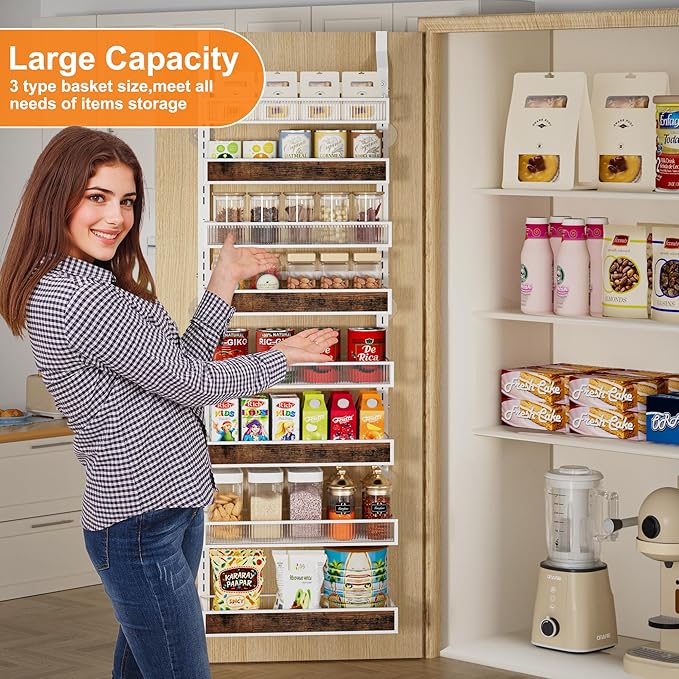 Over The Door Pantry Organizer,8 Tier Hanging Door Spice Rack with Adjustable Wood Basket and Acylic Basket,Metal Heavy Duty Wall Mounted Door Storage Shelf for Kitchen Pantry and Bathroom