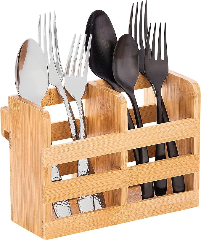 Bamboo Utensil Holder for Dish Rack - Flatware, Cutlery & Utensil Drying Caddy with Hooks - Fits BAMBUSI Bamboo Dish Drying Racks