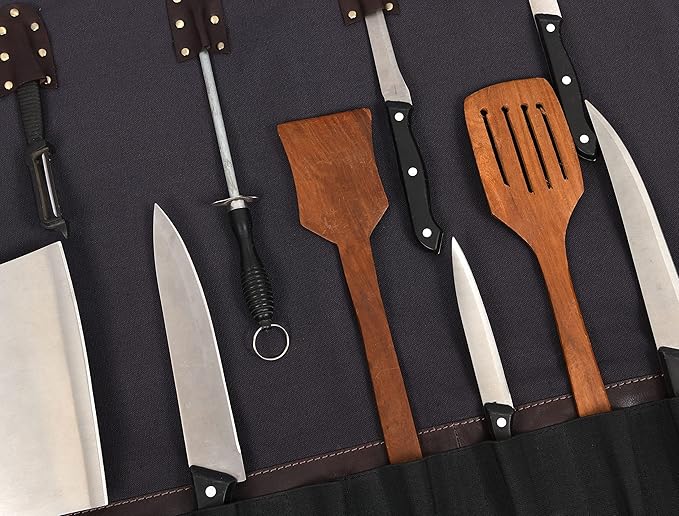 Leather Knife Roll Storage Bag, Elastic and Expandable 10 Pockets, Adjustable/Detachable Shoulder Strap, Travel-Friendly Chef Knife Case (Canvas, Cloud)