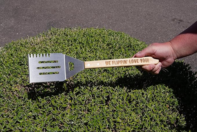 Grill Spatula for Kitchen, Stainless Steel BBQ Scraper, Customized Flat Top Flipper with Wooden Handle-WE Flippin’ Love You!