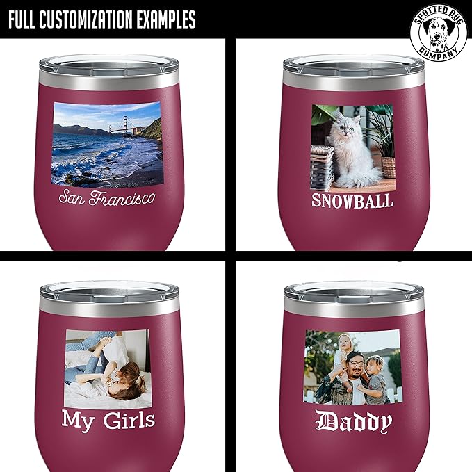 Personalized 12oz (17 Colors) Mother's Day Photo Printed Insulated Stainless Steel Powder Coated Stemless Wine Tumbler with Lid, Customized Gift Idea for Her, Custom Coach Gifts Team Mom Dad (Maroon)
