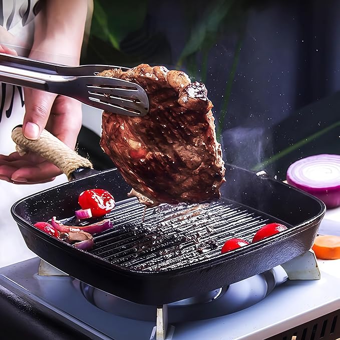 Cast Iron Grill Pan, 9.5 inch Square Grill Pan Skillet with Pour Spout, Cast Iron Griddle Pan with Small Meat Tong, Oil Brush & Hemp Rope for Stove Tops, Gas, Induction, Oven, Grill, Campfire