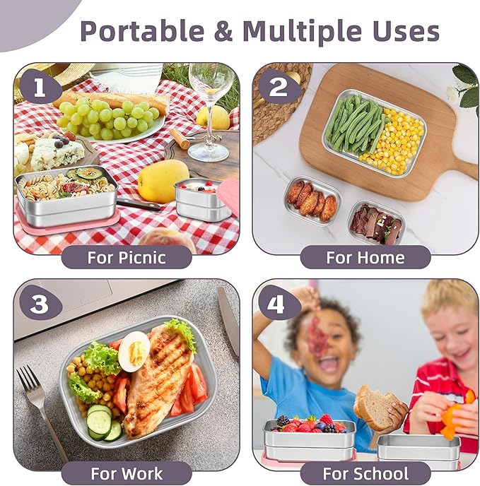HaWare 8oz*2+25oz Stainless Steel Lunch Box for Kids, Leak Proof Lunch Container with Silicone Lids, Easy Open Food Storage Bento Box for School and Daycare, Dishwasher Safe
