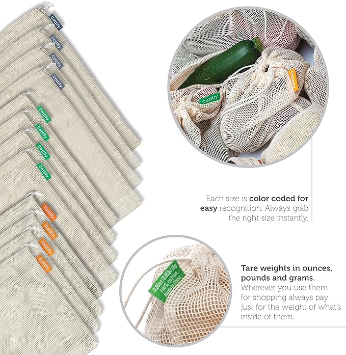 12+1 Reusable Produce Bags Grocery Washable, Organic Cotton Mesh Produce Bags, Double-Stitched & Tare Weigh, Mesh bags for vegetables, Cotton Produce Bags Reusable Washable, Produce bag 4xS, 4xM, 4xL