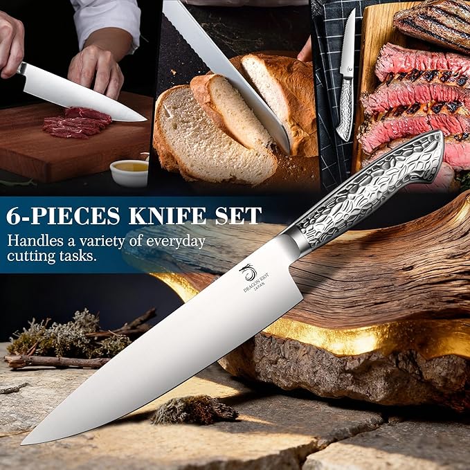 DRAGON RIOT Knife Set with Wood Block - Stainless Steel Kitchen Knives Block Set with Built in Sharpener, Dishwasher Safe, Non-Slip Ergonomic Handle - Gift for Men Women and Housewarming