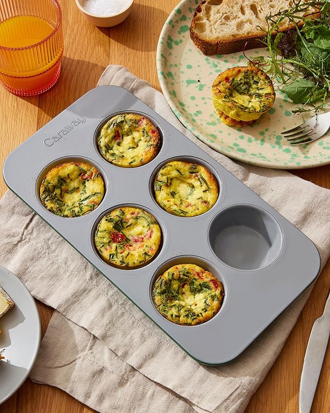 Caraway Nonstick Ceramic 6 Cup Muffin Pan Duo – Non-Toxic, PTFE & PFOA Free – Oven Safe – Aluminized Steel Core – Small Muffin Pan for Baking Cupcakes, Muffins & More - Slate