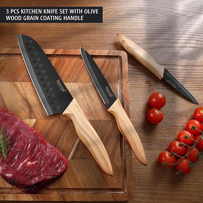hecef Vintage Kitchen Knife Set of 3, Stainless Steel Blade with Black Non-stick Coating, Sharp Kitchen Knives Includes Santoku, Utility, Paring