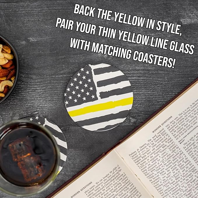Blue Ridge Mountain Gifts - Thin Yellow Line Pint Glass - Personalized Dispatch Glass, 911 Dispatch Appreciation, Yellow Line Merch, First Responders Gift, Custom Barware, Thin Gold Line American Flag