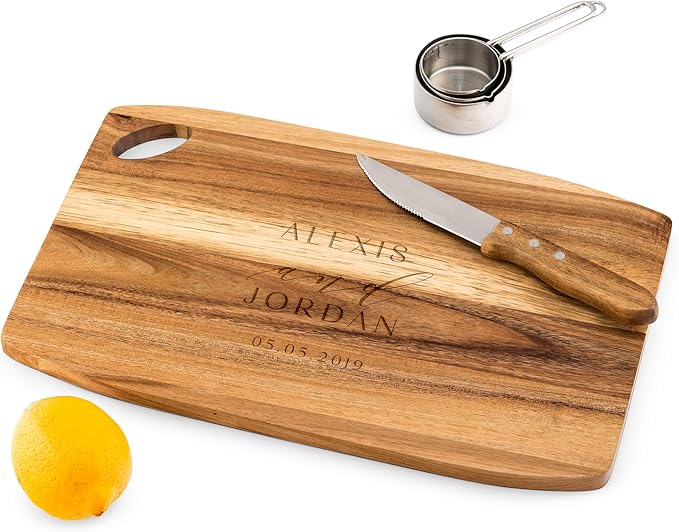 Weddingstar Personalized Wooden Rounded Rectangle Cutting Board or Serving Board 16" x 10" - Modern Couple Etching