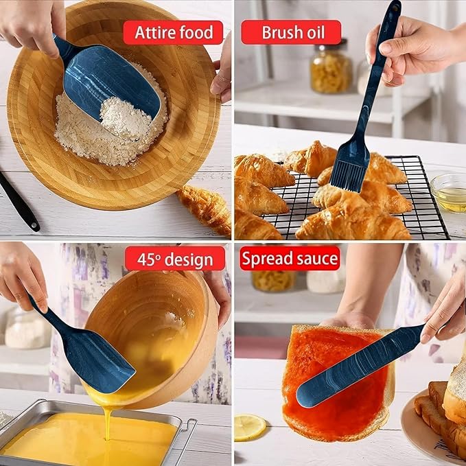 Premium Silicone Marbled Spatula Set of 6 – 446°F Heat-Resistant One-Piece Steel Core, Non-Stick Kitchen Tools for Baking, Cooking & Mixing – Dishwasher Safe (Black)