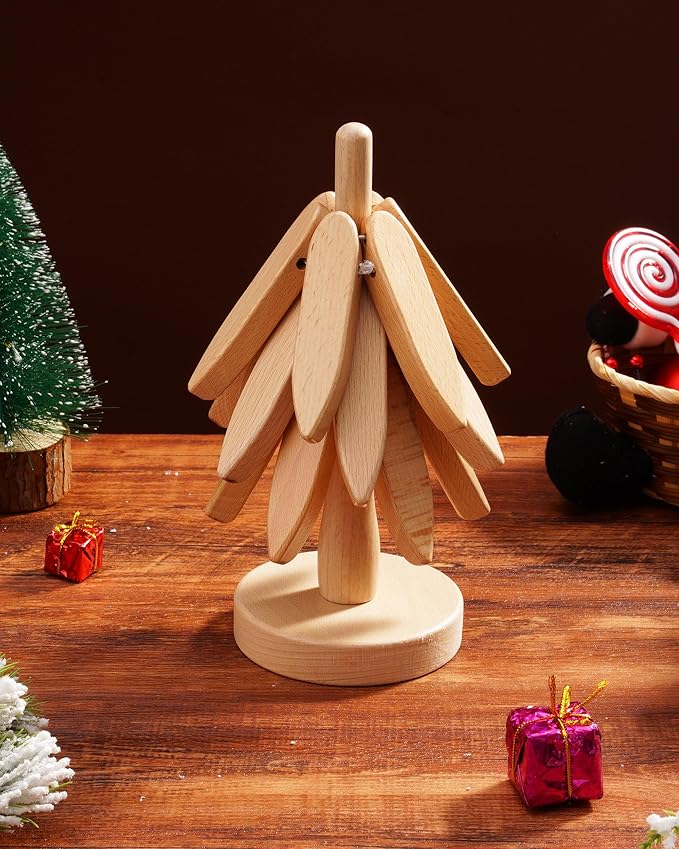 Wooden Trivets Tree for Hot Dishes, 2 Sets Natural Wood Coaster for Hot Pots and Pans, Christmas Tree-Shaped Stackling Trivets with Organizer, 8 Inch Decorative Wooden Hot Pads, 6PCS Light Wood