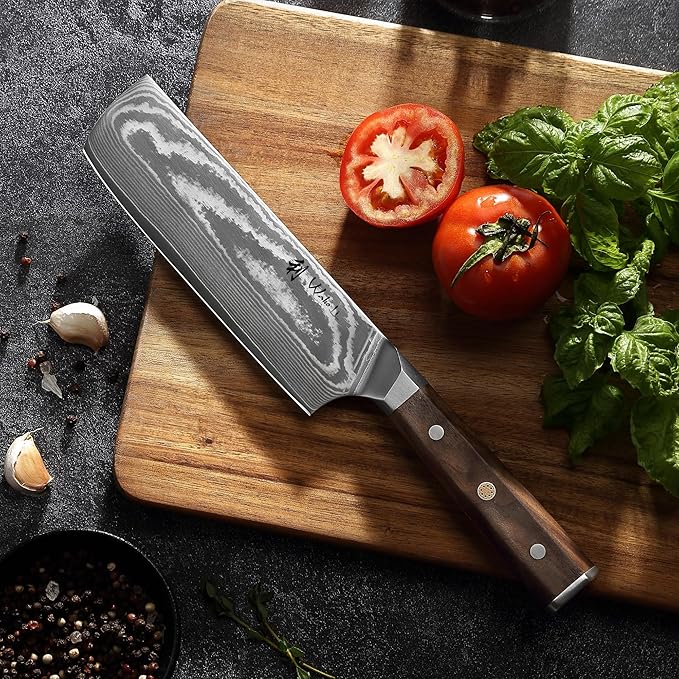 Wakoli HIK Damascus Nakiri Knife – Full Tang Vegetable Knife | 7-Inch Blade Made of 67-Layer Damascus Steel with VG10 Core | Walnut Wood Handle | Sharp, Durable, Gift Box Included