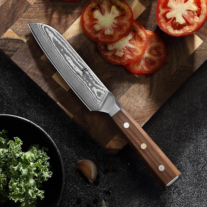 Wakoli HIK Damascus Small Santoku Knife – Full Tang Multipurpose Kitchen Knife | 5-Inch Blade Made of 67-Layer Damascus Steel with VG10 Core | Walnut Wood Handle | Sharp, Durable