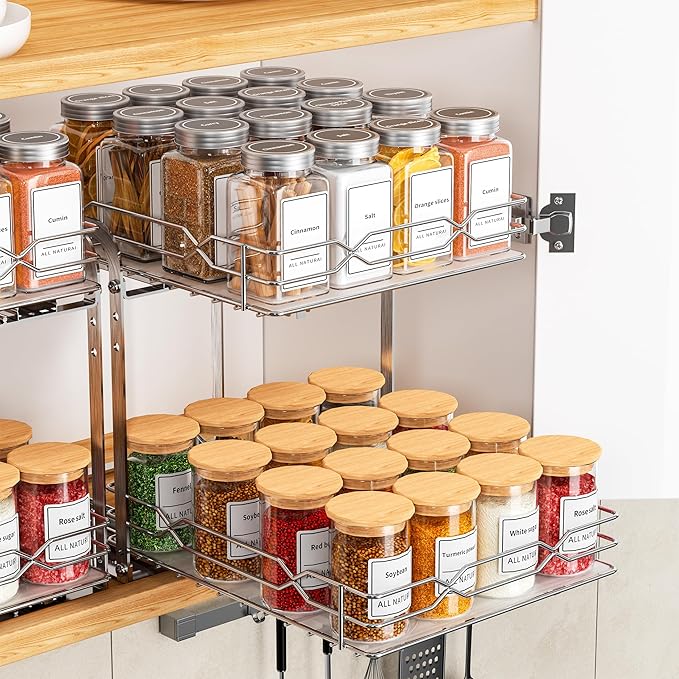 Pull Out Spice Rack, 2 Tier Spice Organization for Cabinet, Heavy Duty Spice Rack, 9-1/4 inch Wide - Spice Racks for Inside Cabinets, Kitchen, Pantry - Chrome, 9.25”W x 10.39”D x 9.76”H