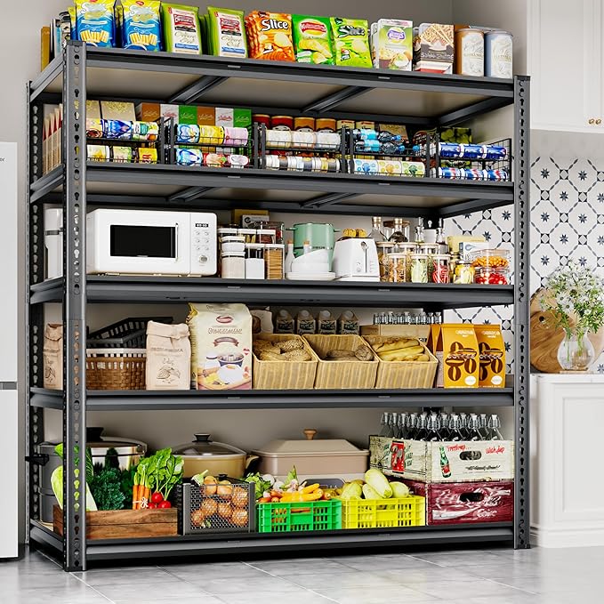 48"W Garage Shelving, 3050LBS Storage Shelves Heavy Duty, 5 Tier Metal Shelving Unit Adjustable Garage Shelves Heavy Duty Shelving for Warehouse,Commercial, Kitchen, 48" W × 18" D × 72" H, Black