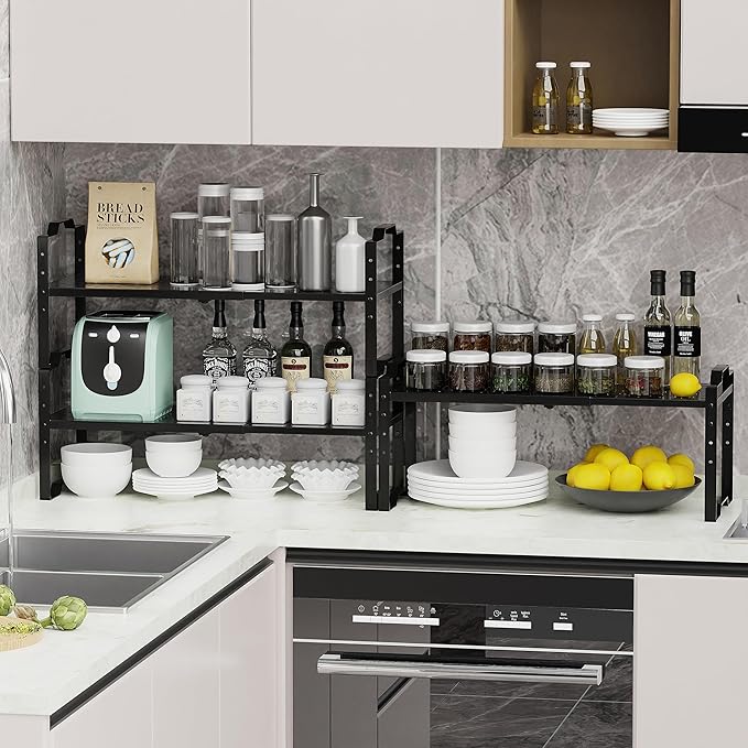 Expandable Shelf Cabinet Organizer Adjustable Stackable Spice Rack at Kitchen Bathroom More, Countertop Cupboard Organization Pantry Storage,Metal Plate with Hole (3 Packs/Black, L)