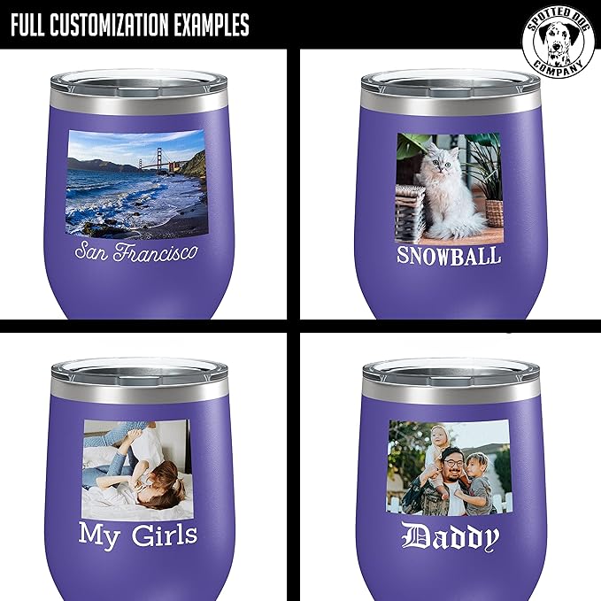 Personalized Mothers Day 12oz Photo Printed Insulated Stainless Steel Powder Coated Stemless Wine Tumbler with Lid, Customized Mom Gift Idea for Her, Custom Mum Coach Gifts Team (Purple)