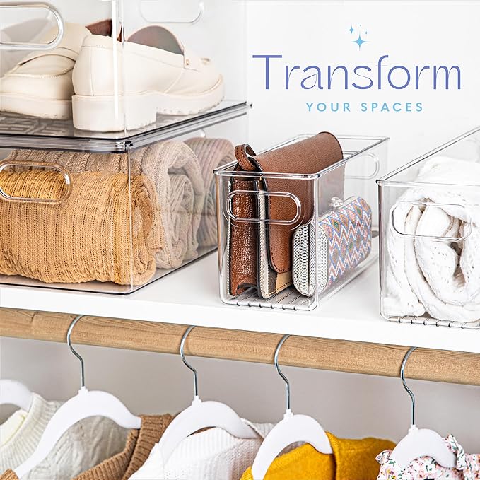 primebox Plastic Food Storage 6 Pack Clear Container Bin with Handles for Organizing Kitchen, Pantry, Refrigerator, Freezer, Pantry, Cabinet, Closet, Bathroom. 10”x4”x5”