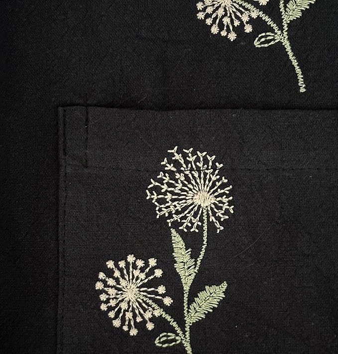 Cotton Long Bistro Half Apron for Woman, Big Pockets, Embroidered Flower, Extra Long Waist Ties, Cook Chore Waitress