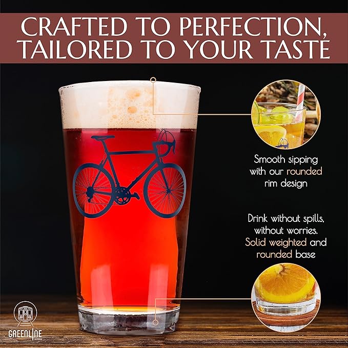 Greenline Goods - Bicycle Beer Glasses (Set of 2) |16 oz Drinkware with Colorful Cyclist Designs | Premium Decorative Glassware | Unique Gifts for Cyclists & Bike Riders [Navy]