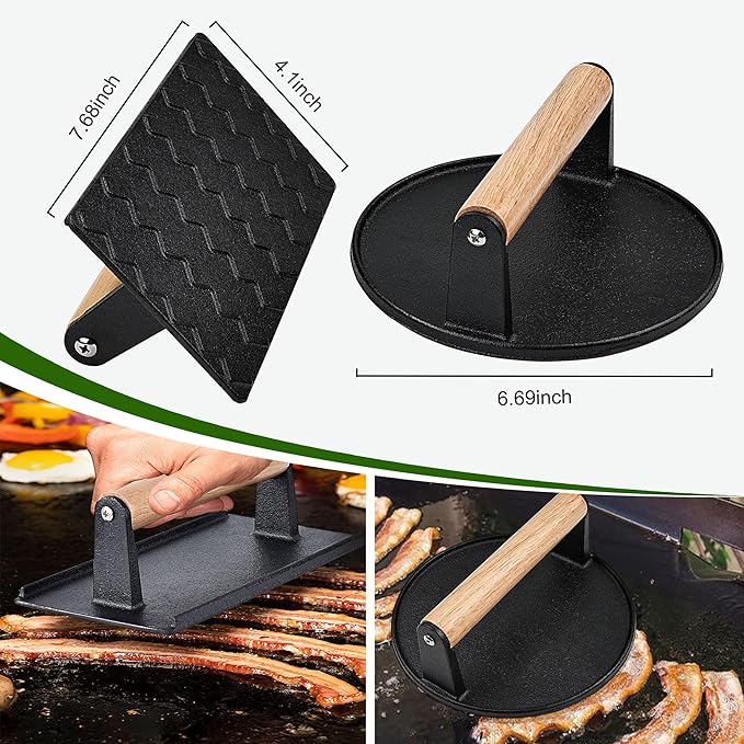 POLIGO Smash Burger Press Kit - 4 in 1 Stuffed Burger Mold, 2PCS Cast Iron Burger Presses, Sauce Brushes Included - Non Stick Smash Burger Press Set for Grill and Griddle Cooking