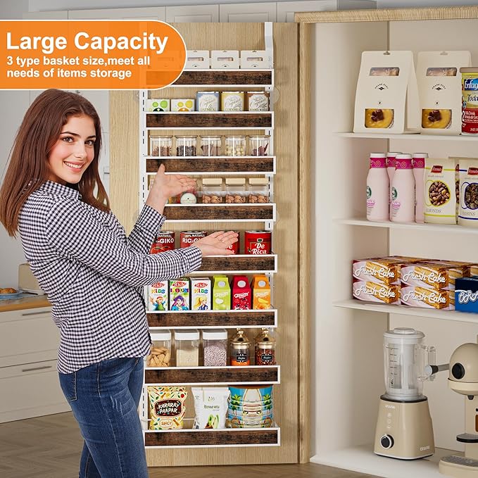 Over The Door Pantry Orangizer,8 Tier Wall Mounted or Hanging Spice Rack with Adjustable Wood Basket,Metal Heavy Duty Behind Door Storage Shelf for Kitchen Pantry and Bathroom