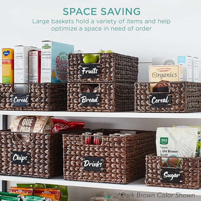 Best Choice Products Set of 4 13x12in Water Hyacinth Pantry Baskets, Woven Organizers w/Chalkboard Label, Chalk Marker - Chestnut