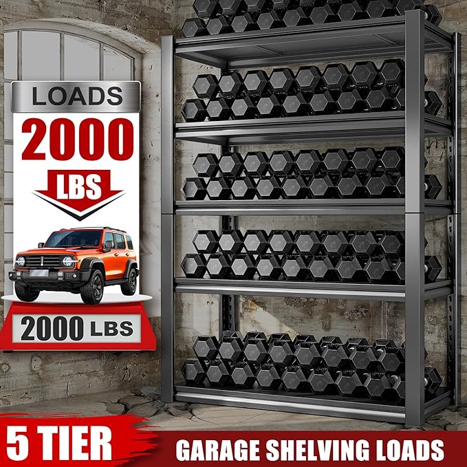 Raybee Storage Shelves, 72" H Garage Shelving, 5-Tier Adjustable Garage Shelves, 2000LBS Metal Shelving for Basement, Garage, Warehouse, Pantry, 72" H x 31.5" W x 16.5" D, Black