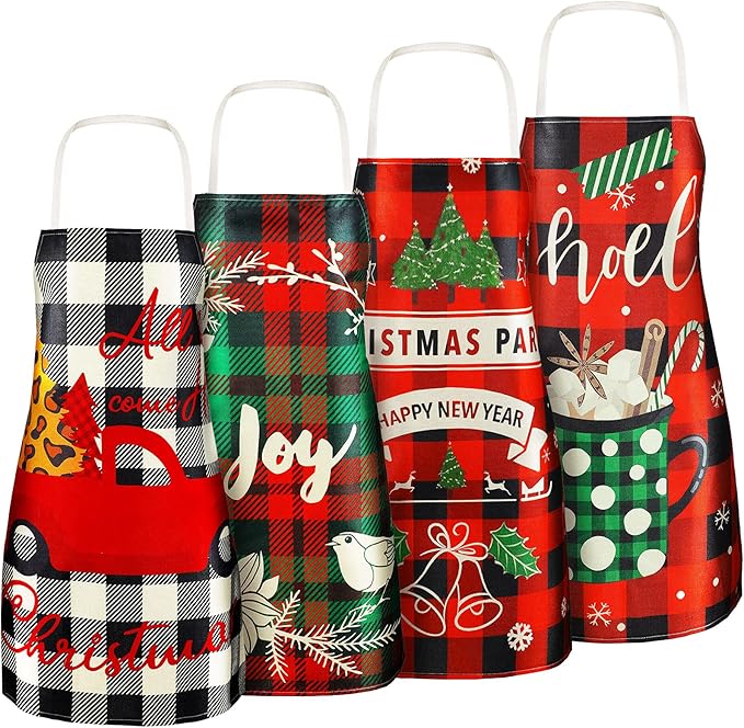 SATINIOR 4 Pcs 21.7" x 26.8" Christmas Aprons Adjustable Kitchen Aprons Xmas Plaid Merry Christmas Bib for Adults