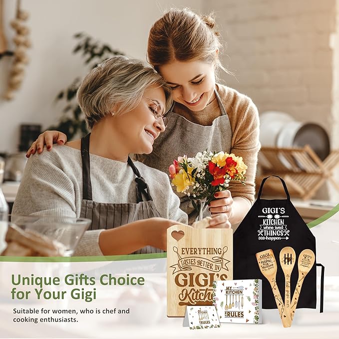 Gigi Gifts from Grandma, Christmas Kitchen Gifts for Gigi from Grandkids, Birthday Gift Wooden Cutting Board with Cooking Utensils Set with Apron Set, Great Gigi Mothers Day Gift