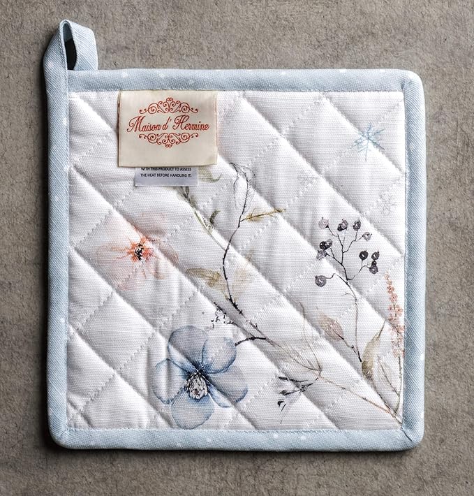 Maison d' Hermine Pot Holders 100% Cotton Heat Resistant Potholders 8" x 8" Hot Pads with Loop for Thanksgiving Christmas Decorations BBQ Cooking Baking Handling Hot Pans (Pack of 1, Ice Florals)