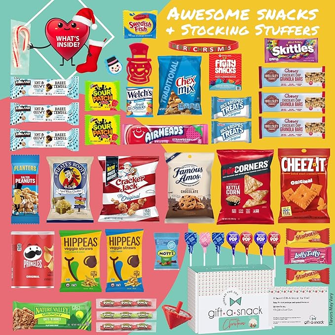 Gift A Snack - Christmas Candy Stocking Stuffers, Pre-filled Holiday Snack Box Care Package + Greeting Card (45 Count) Sweet Treats Gift Basket, Candies Chips Food Assortments & Variety Gifts