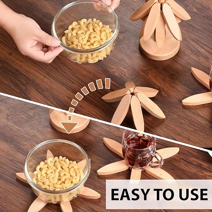 Wooden Trivets for Hot Dishes, Tree Shape Trivet Set, Tree Coasters Mats, Foldable Heat Resistant Pads, 4 Wooden Trivets+1 Stand, Pot, Bowl, Teapot, Countertop (Beech)