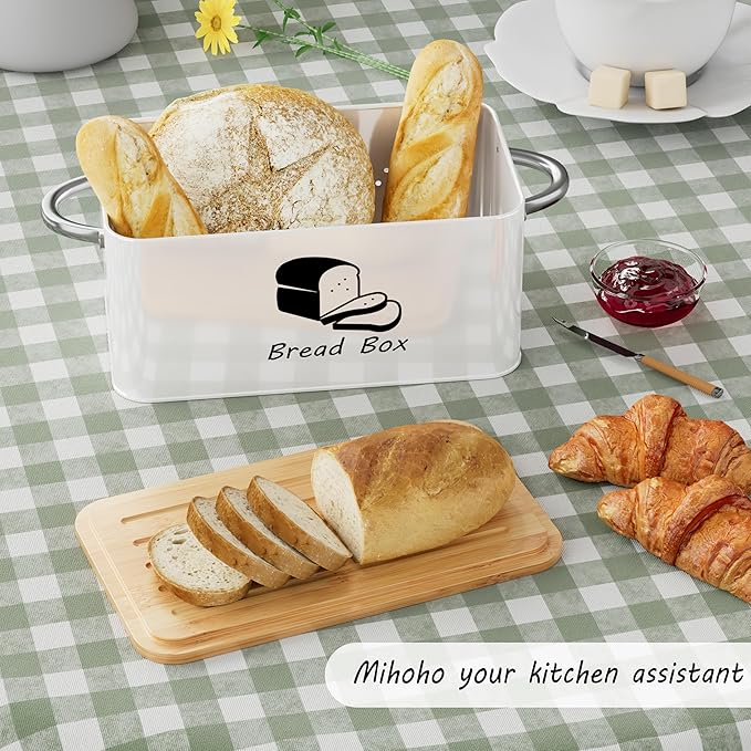 Metal Bread Box with Bamboo Cutting Board Lid, Bread Storage Container, Modern Kitchen Organizer for Sourdough, Buns, and Loaves (White)
