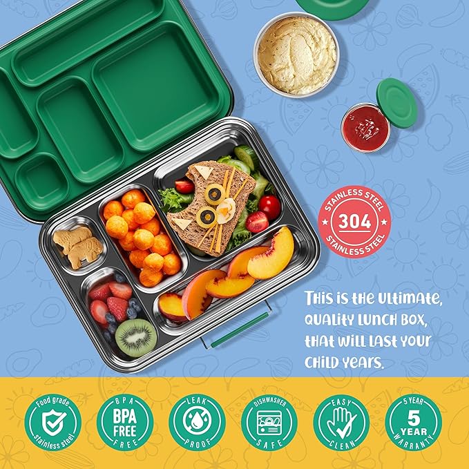 Stainless Steel Bento Box Kids, Kids Metal Bento Lunch Box BPA Free Lunch Box Containers 304 Stainless Steel Bento Box for School and Office(Green)