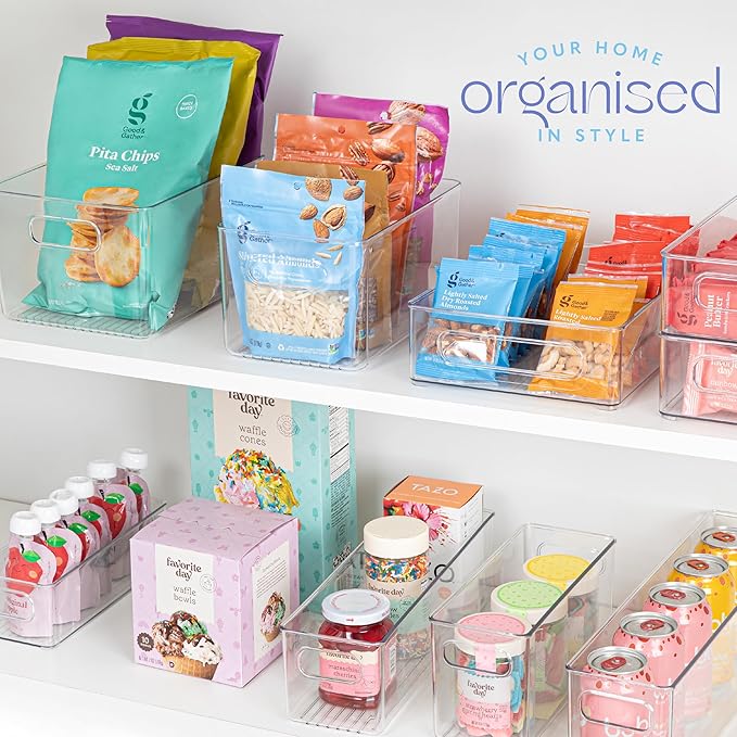 primebox Plastic Food Storage 4 Pack Clear Container Bin with Handles for Organizing Kitchen, Pantry, Refrigerator, Freezer, Pantry, Cabinet, Closet, Bathroom. 14”x4”x4”