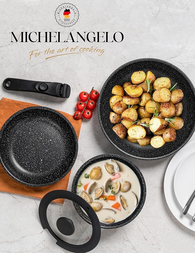 MICHELANGELO Pots and Pans Set Detachable Handle, 5 Piece Nonstick Kitchen Cookware Sets, Stackable Pots and Pans Set with Removable Handle, Oven Safe - 5Pcs, Black