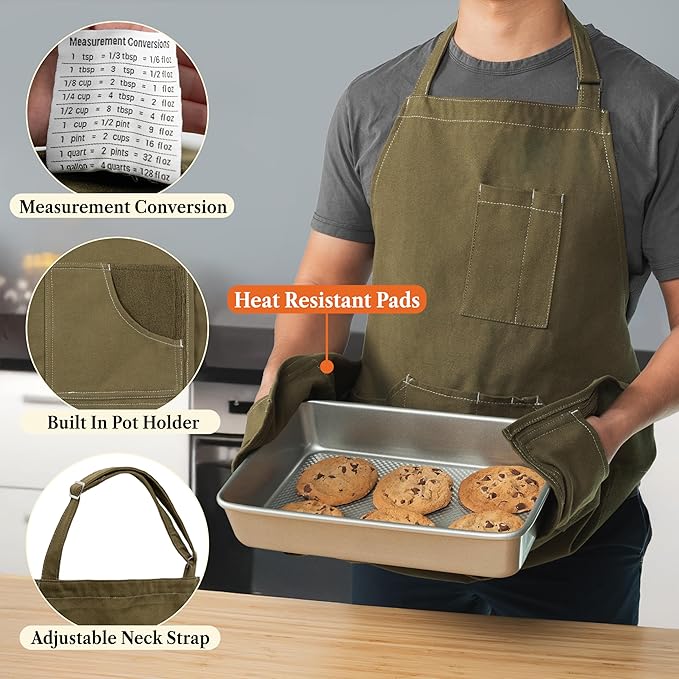 opux Chef Apron for Men, Kitchen Apron with Pockets for Women, Large Unisex Canvas Apron for Cooking Grilling BBQ Baking.