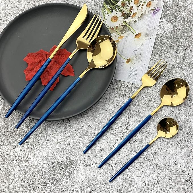 JASHII 18/10 Silver Silverware Set Stainless Steel Flatware Utensils Set Gold Cutlery Set| 36-Piece Modern Cubiertos Dorados| BEST Birthday Wedding Gift (6 sets, Blue Handle Gold Mirror Polish)