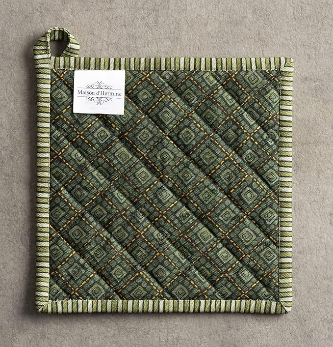 Maison d' Hermine Pot Holders 100% Cotton Heat Resistant Potholders 8" x 8" Hot Pads with Loop for Thanksgiving Christmas Decorations Baking Handling Hot Pans (Pack of 1, Pumpkin Garden - Dark Green)