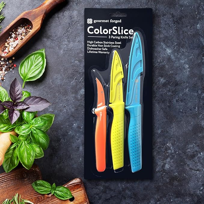 ColorSlice 3 PC Color-Coded Paring Knife Set. 5" Fruit Knife, 3.5" Paring, 3" Bird Beak Hook Peeler Curved Non Stick Dishwasher Safe Knives Sharp Stainless Steel Anti Rust