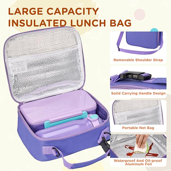 MAISON HUIS Bento Box for Kids with 8oz Soup Thermo, Insulated Lunch Bag & 17oz Water Bottle, 2-Compartment Bento Box with Built-In Ice Pack, Leak-Proof & BPA-Free (Purple)