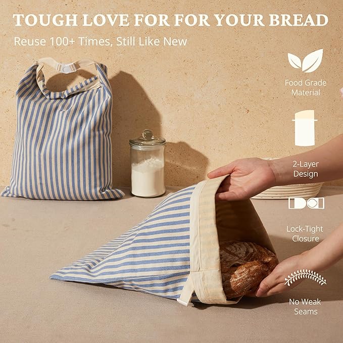 BRONYPRO Reusable Beeswax and Cotton Bread Bags, 2-Pack Waxed Bread Bags for Homemade Bread & Sourdough, Sustainable Sourdough Loaf Storage to Lock in Freshness, Large 17x12.6in, Blue